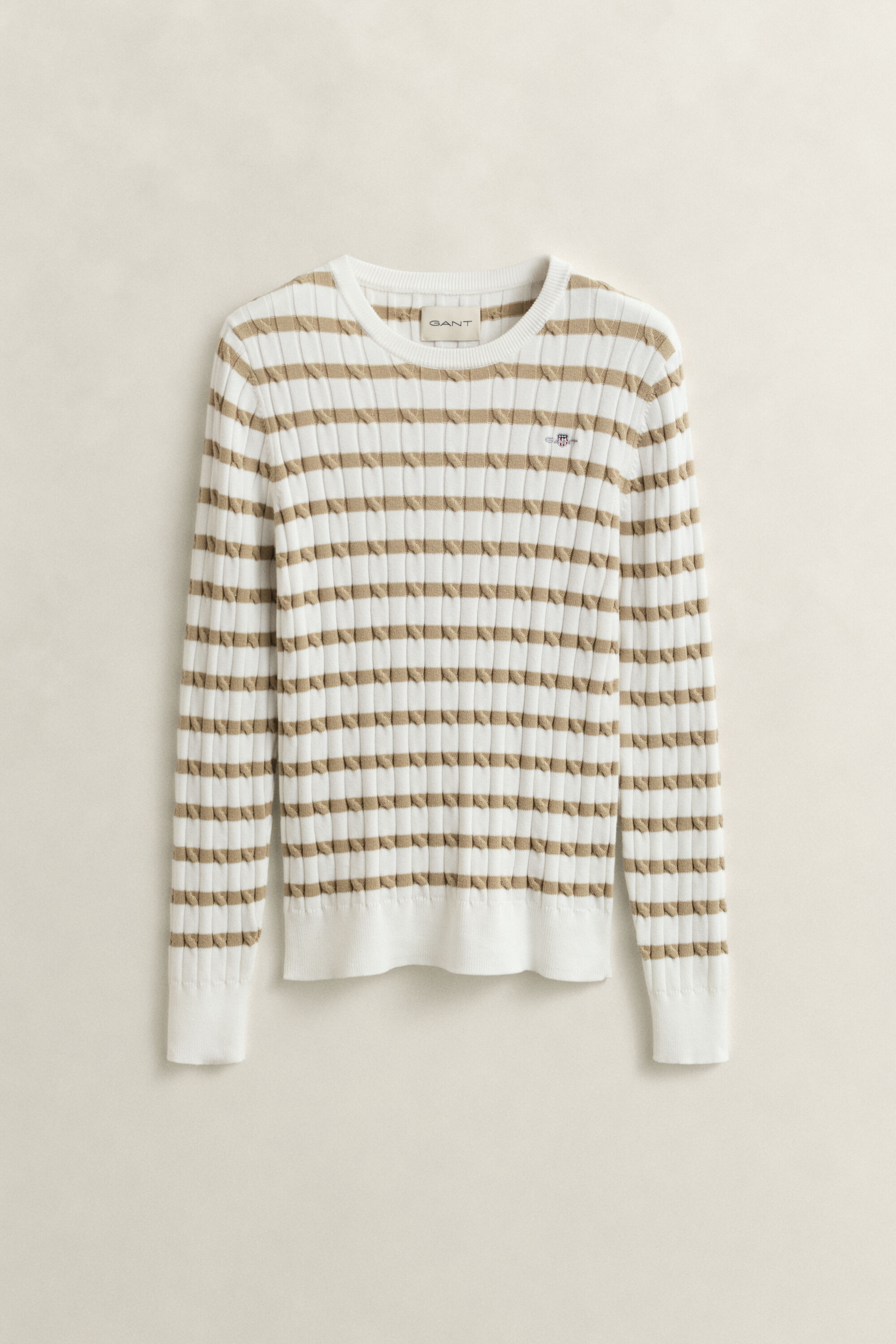 Stribet crewneck sweater med kabelstrik