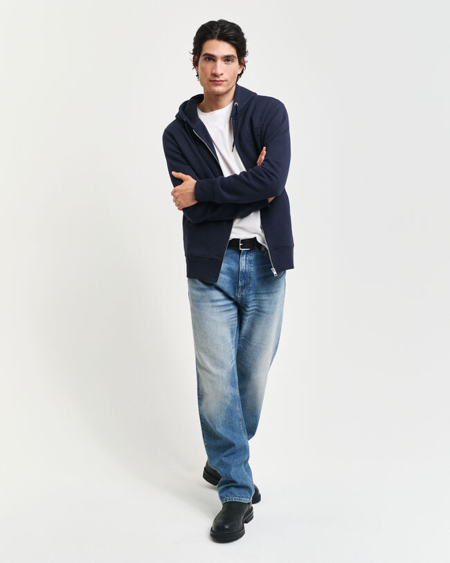 Præget hættetrøje med lynlås