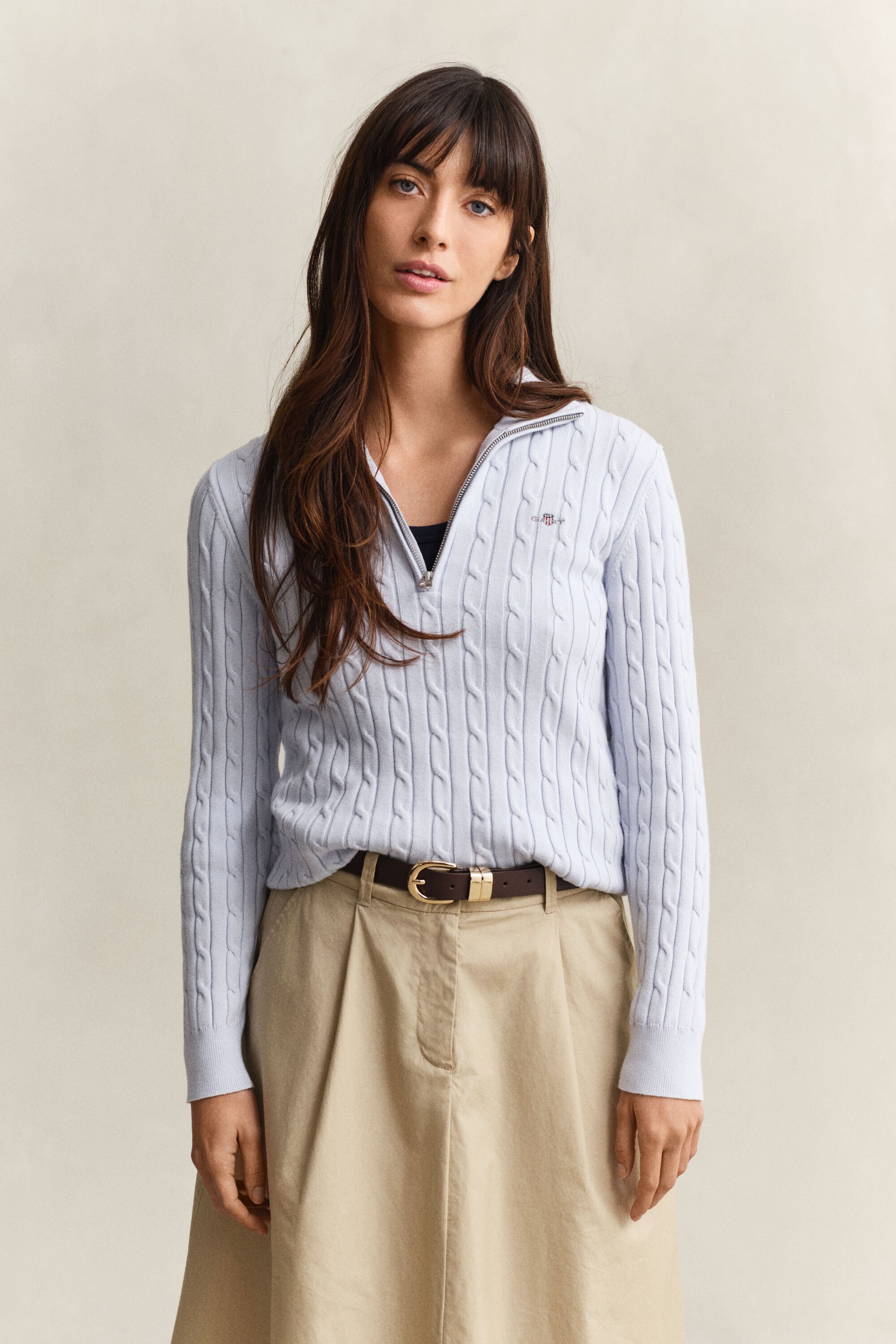 Kabelstrikket sweater med halv lynlås