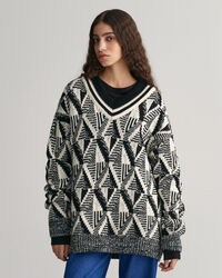 Geometric-m&oslash;nstret sweater med V-hals