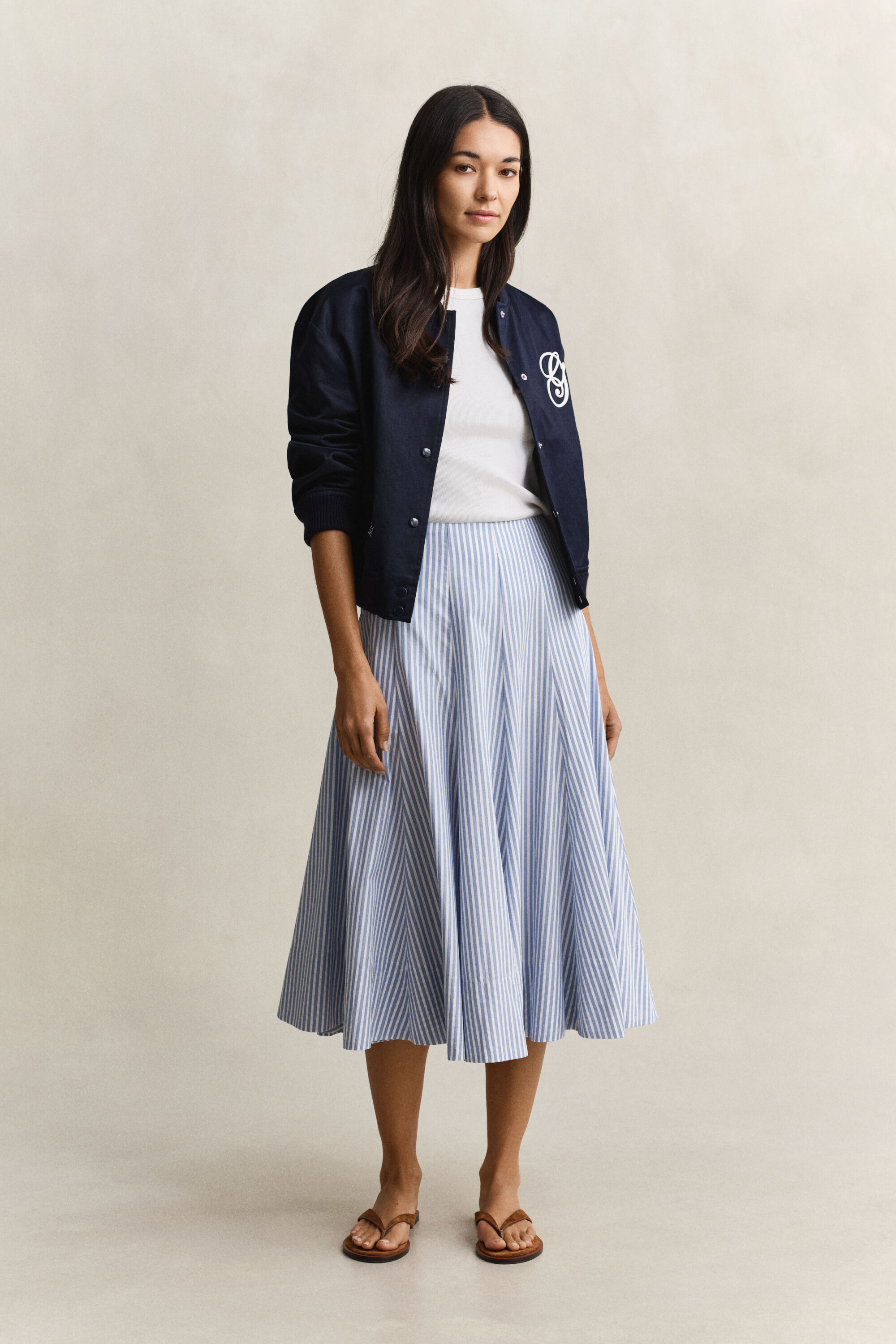 Stribet midi-nederdel i bomuld