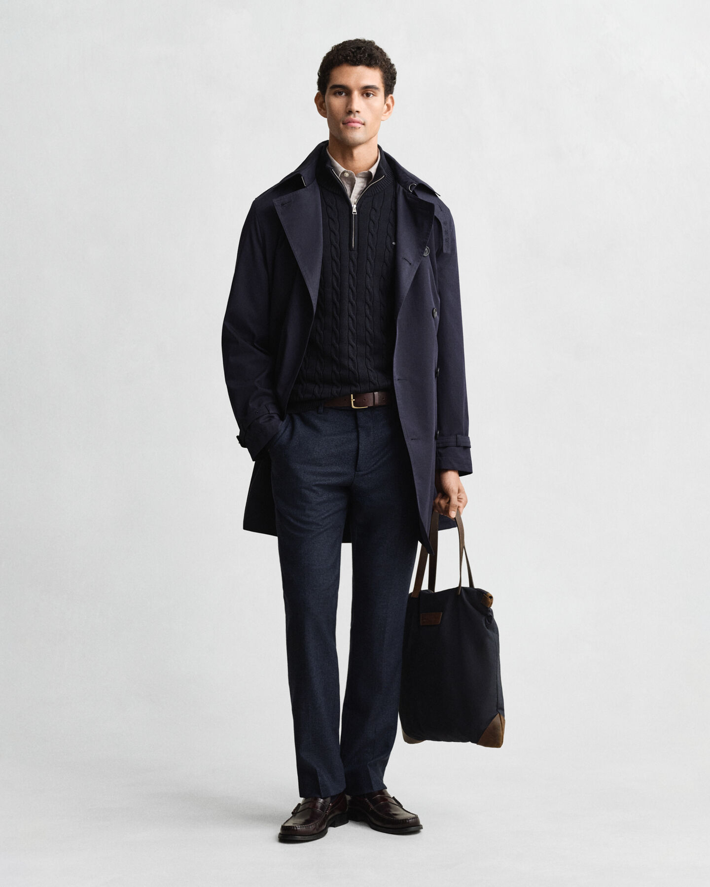 Kabelstrikket sweater af bomuld med halv lynlås