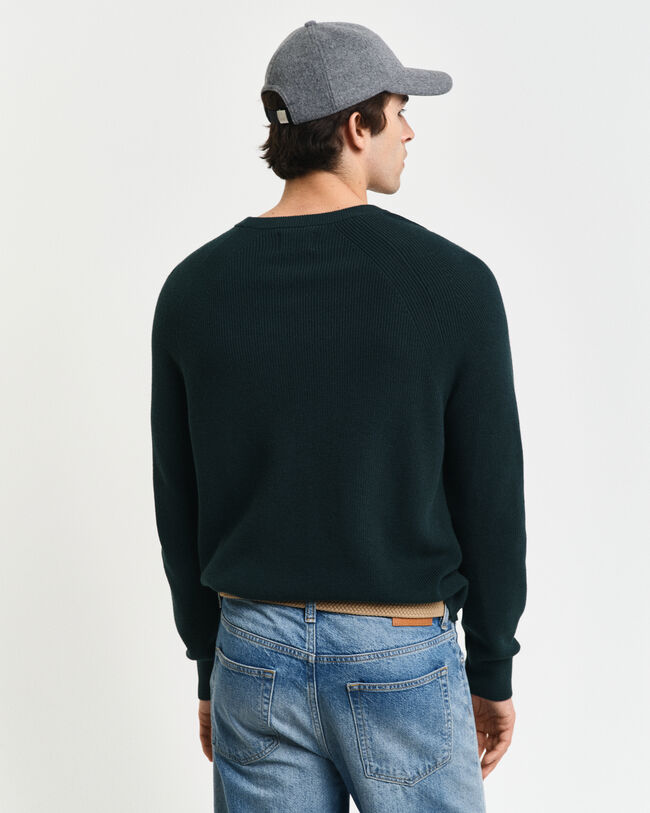 Ribstrikket crewneck sweater af bomuld og uld