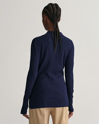 Ribstrikket top med V-hals og lange &aelig;rmer