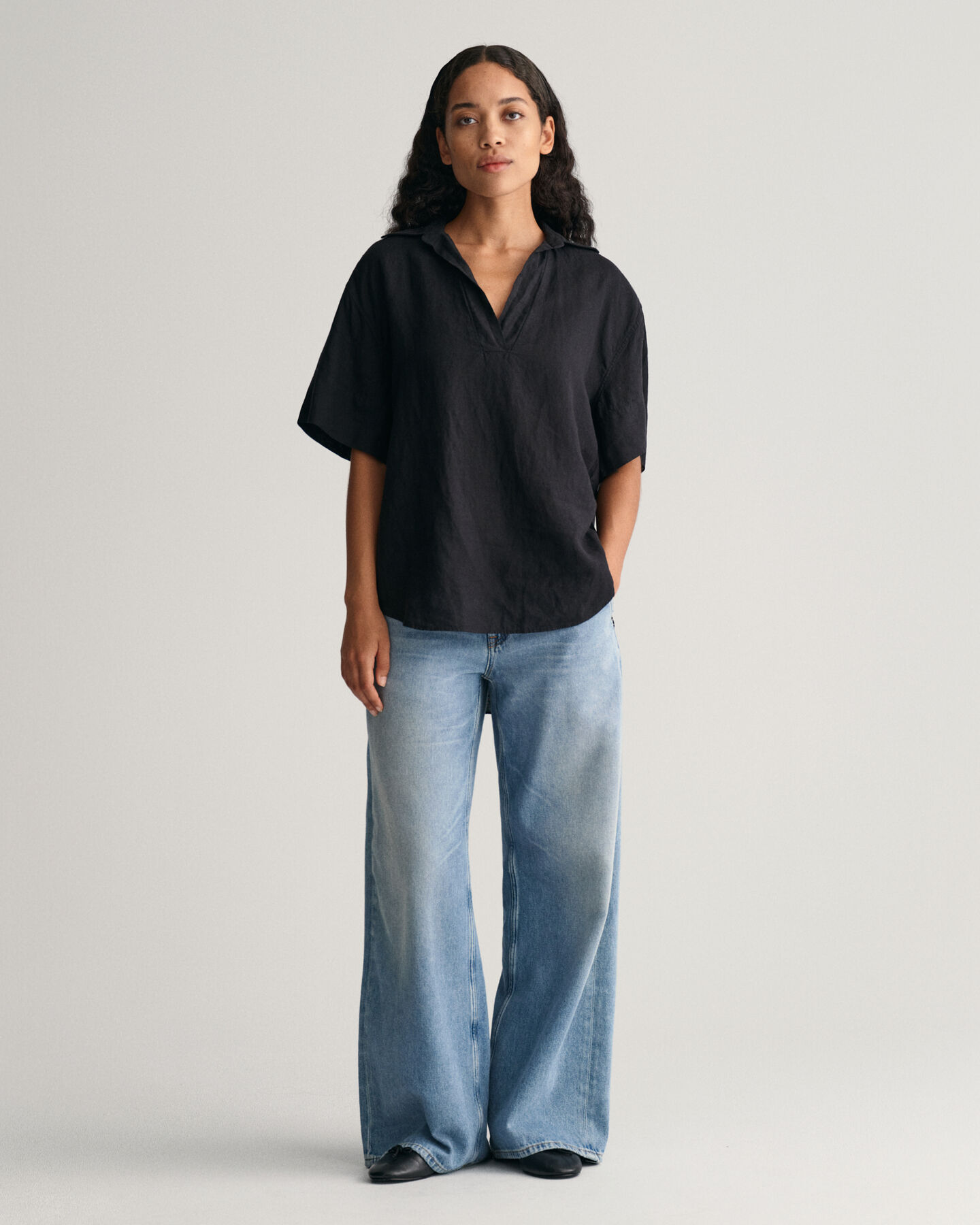 Relaxed fit popover h&oslash;rskjorte med korte &aelig;rmer