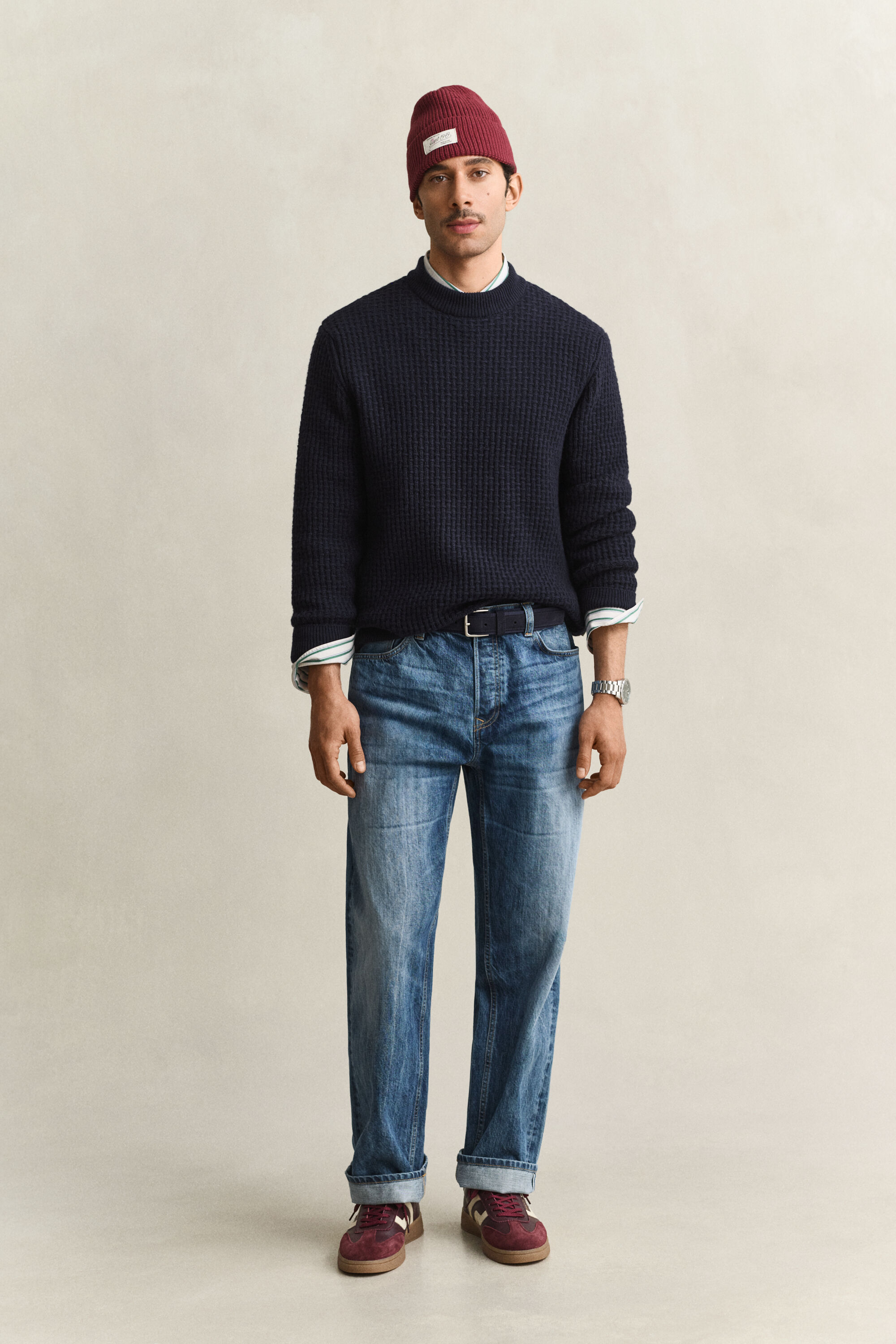 Tekstureret sweater i bomuld og uld med mock-neck