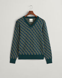 Sweater i merinould med jacquard og V-hals