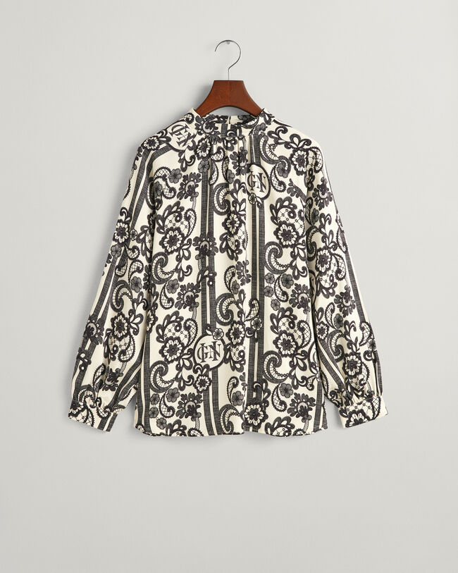 Lace Print bluse med rullekrave