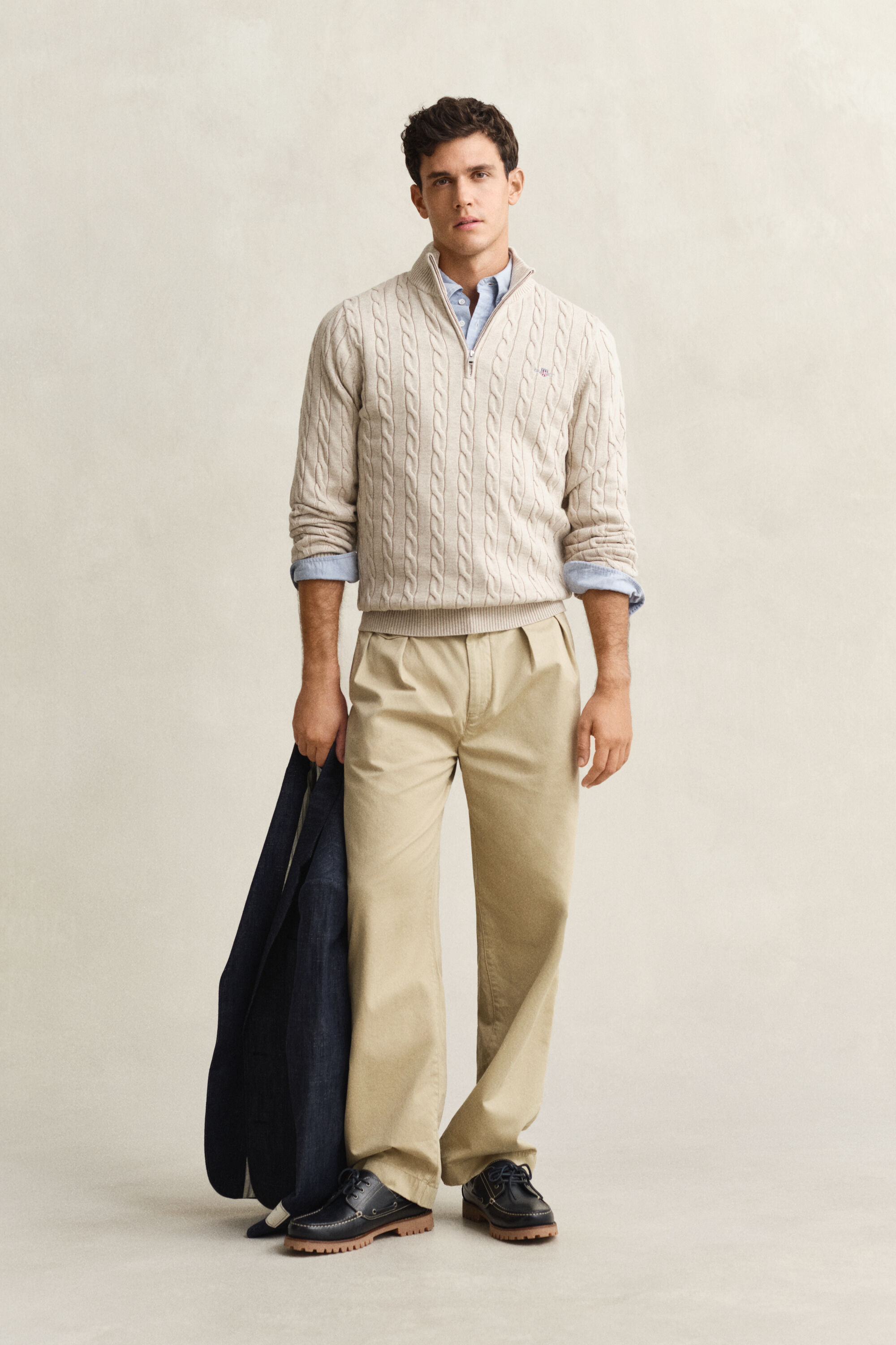 Kabelstrikket sweater af bomuld med halv lynlås