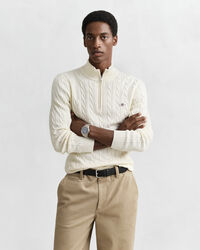 Kabelstrikket sweater af bomuld med halv lynlås