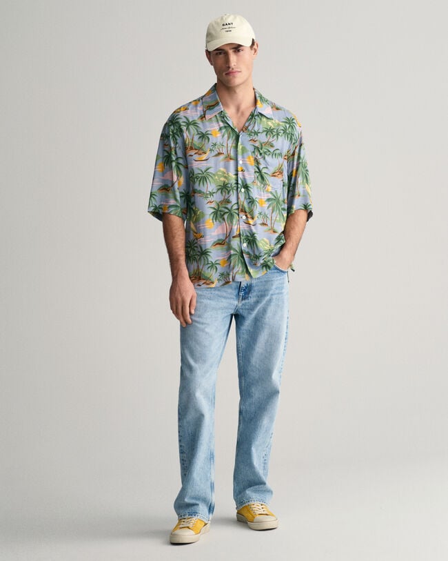 Relaxed Fit Hawaiian Print skjorte med korte ærmer