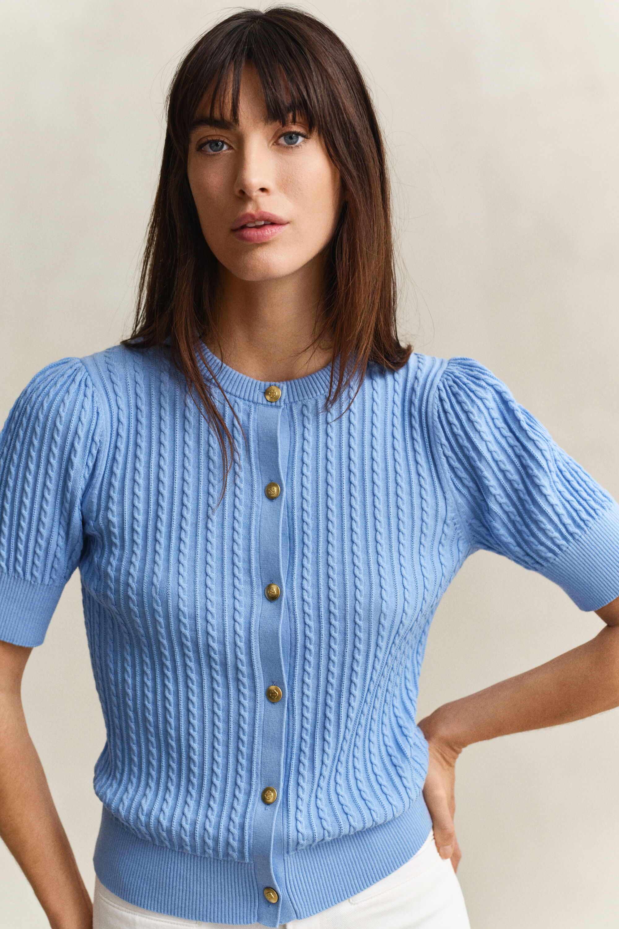 Cardigan af bomuld med kabelstrik