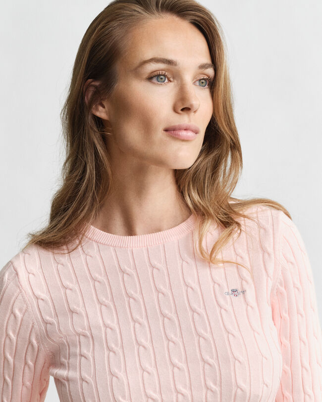 Crewneck sweater af strækbomuld med kabelstrik