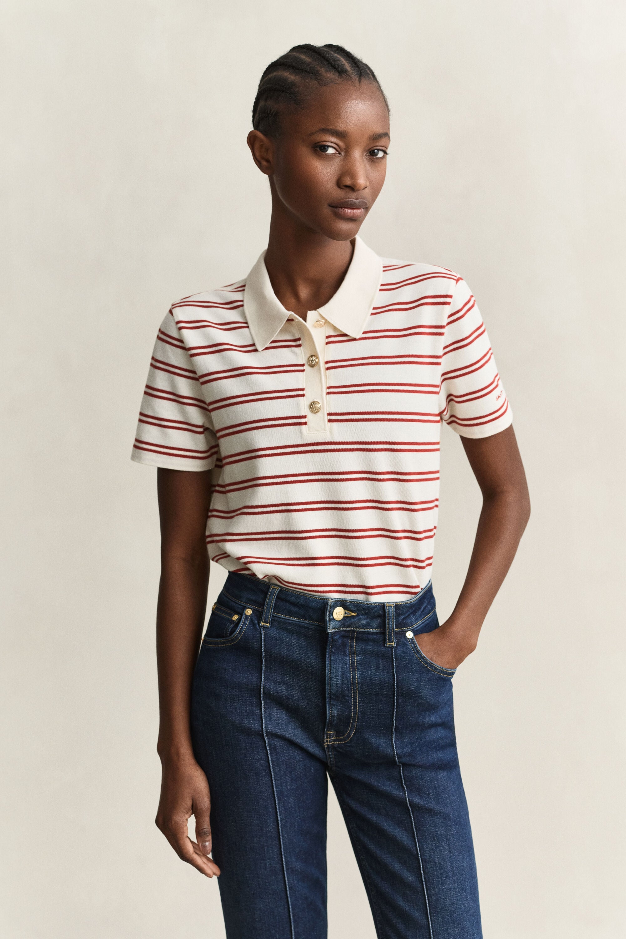 Stribet piqué polo-top