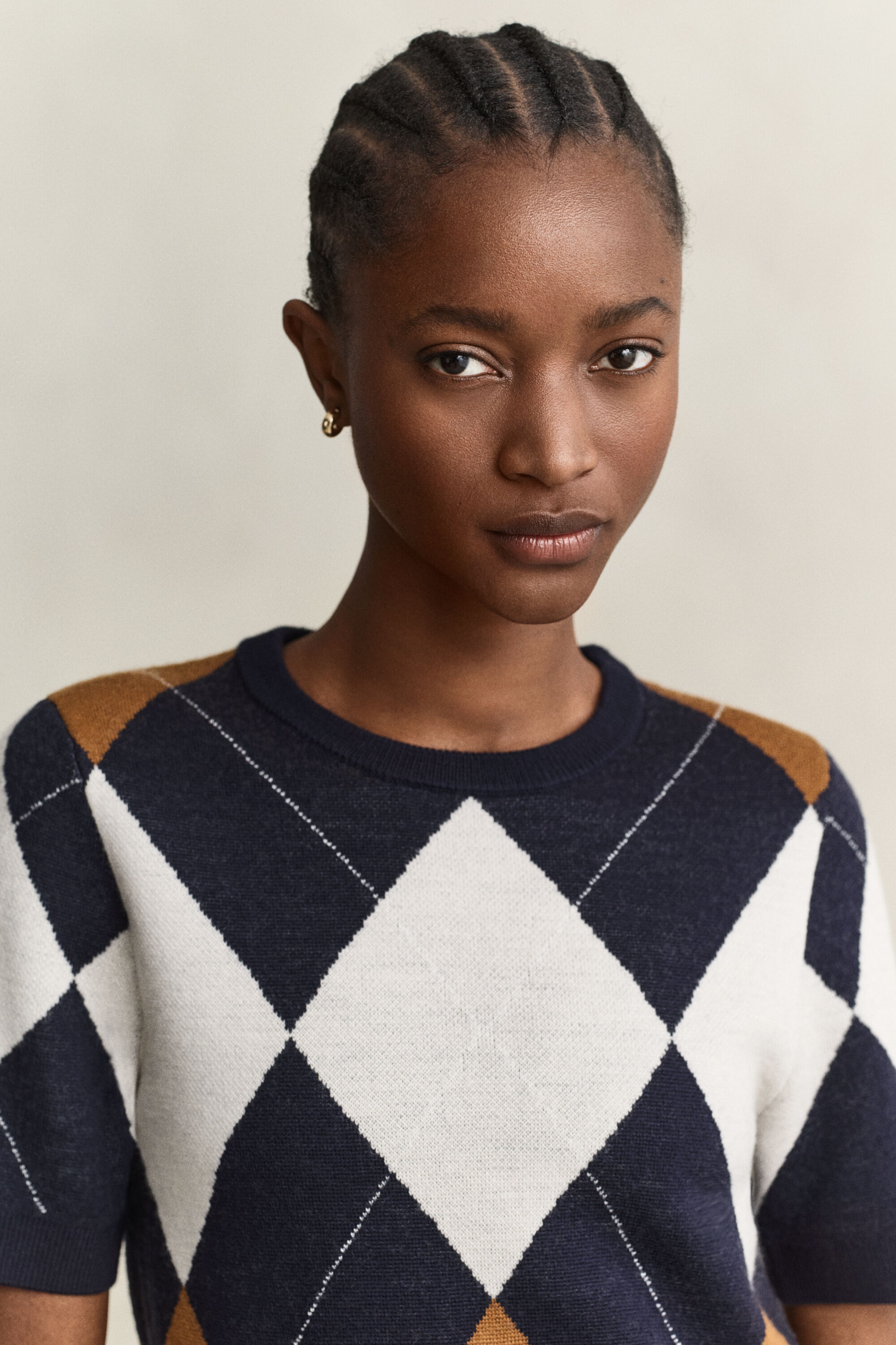 Argyle sweater i uld med korte ærmer