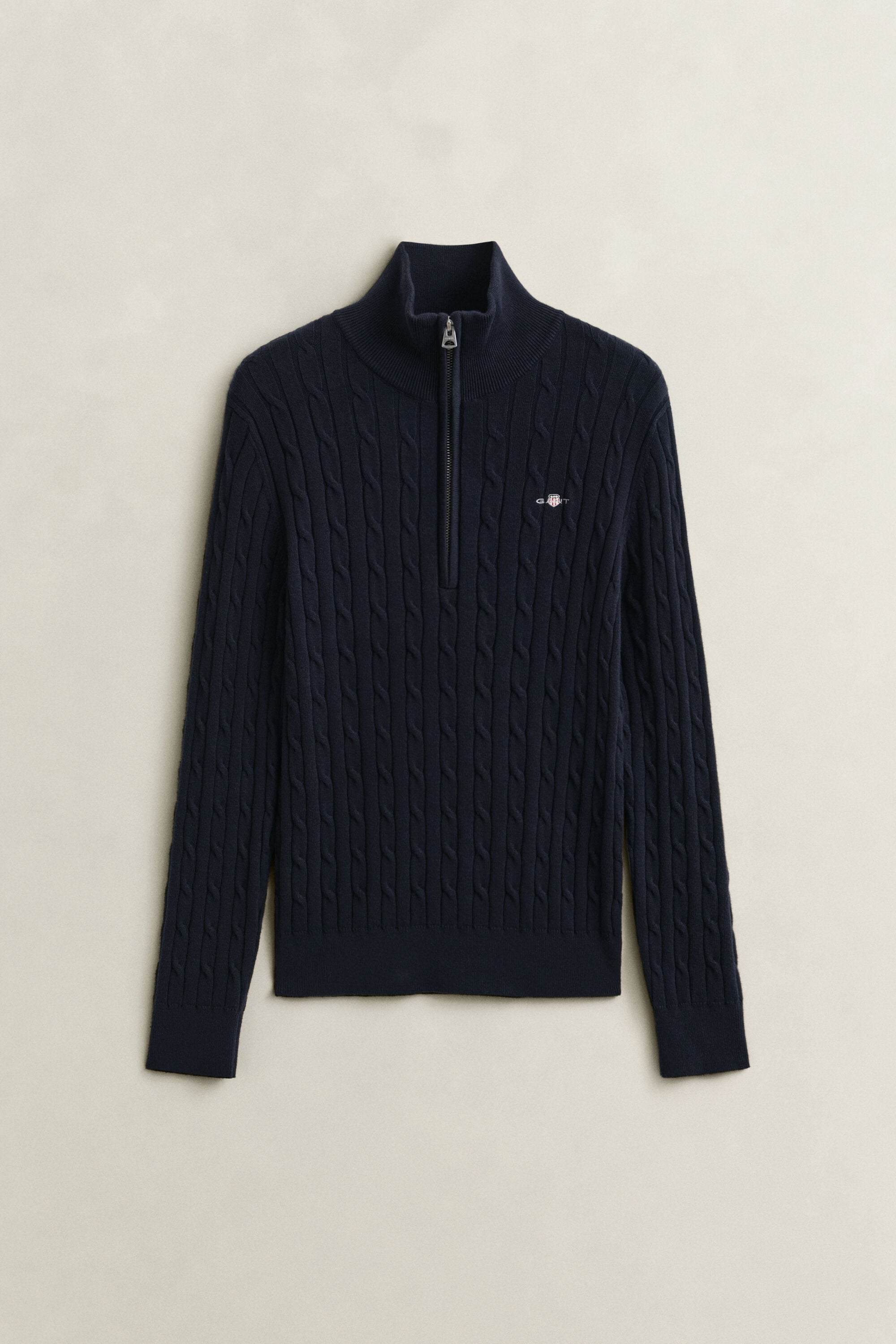 Kabelstrikket sweater med stræk og halv lynlås