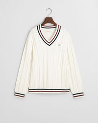 Teens kabelstrikket sweater med V-hals og striber