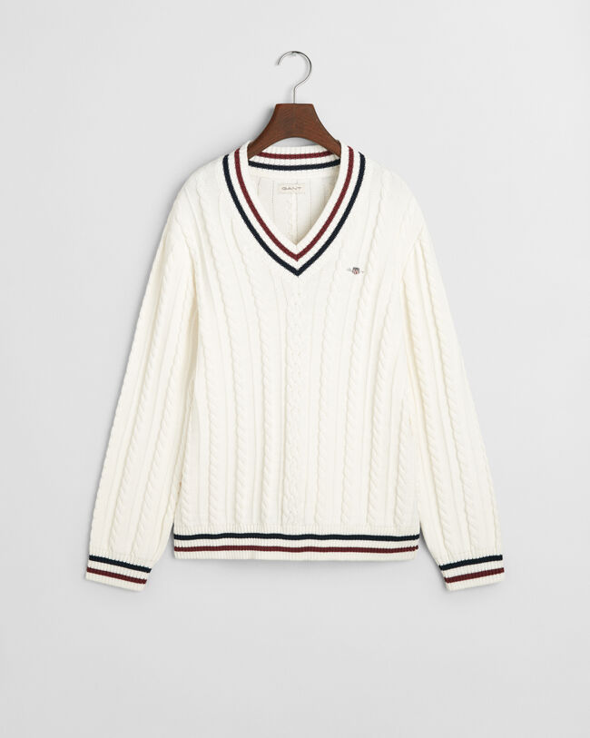 Teens kabelstrikket sweater med V-hals og striber