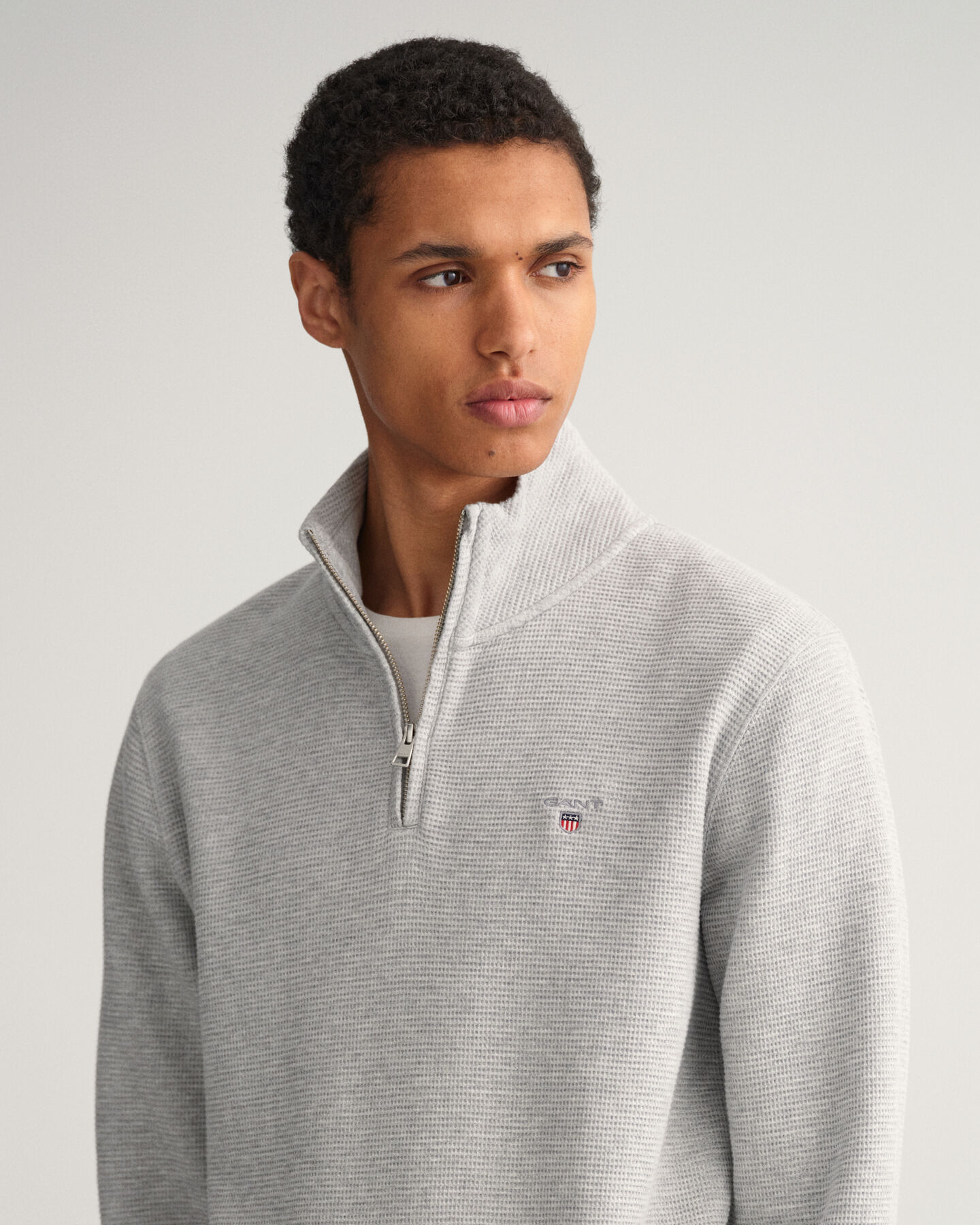 Waffle sweatshirt med halv lynl&aring;s