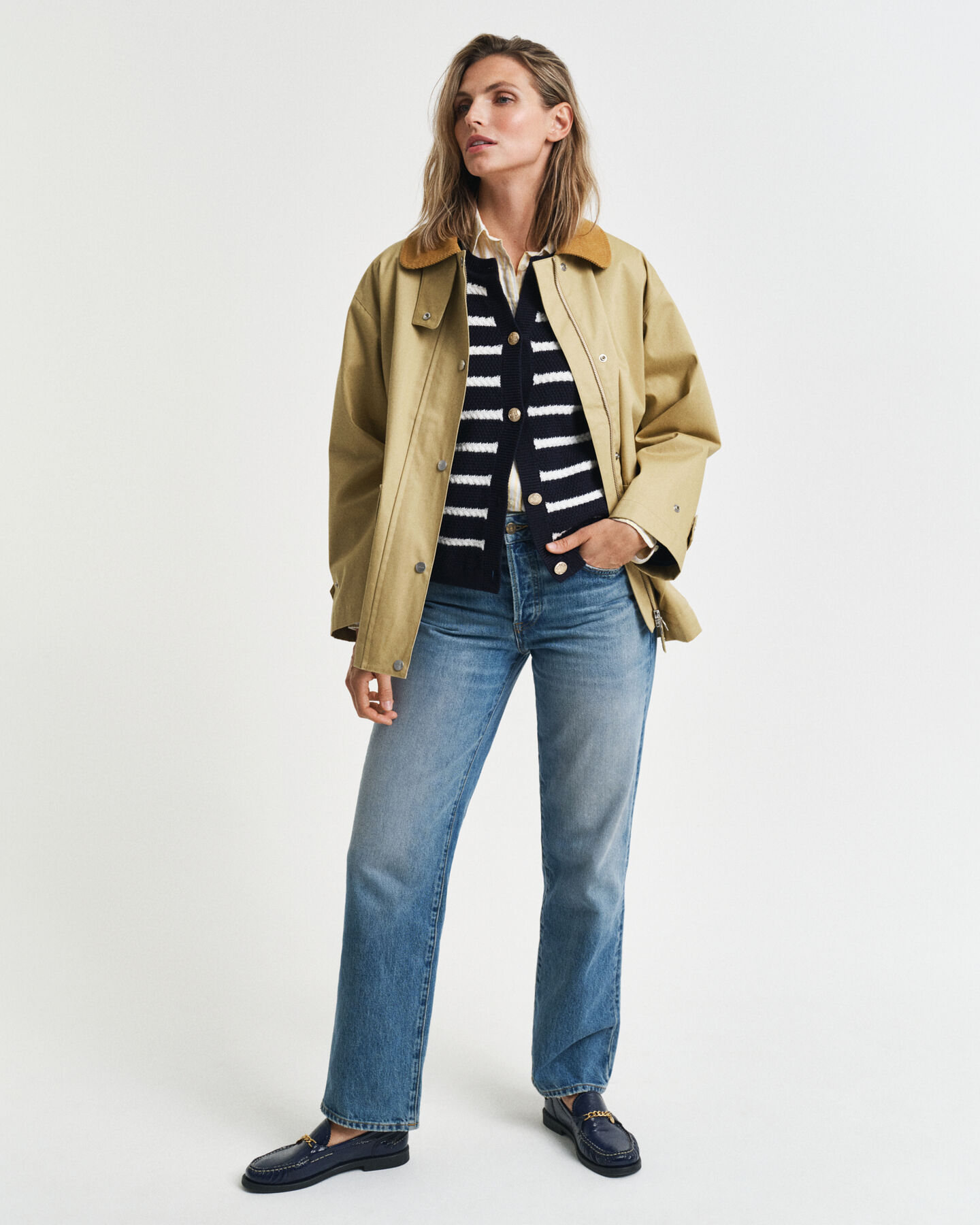 Stribet strikket jakke af bomuld