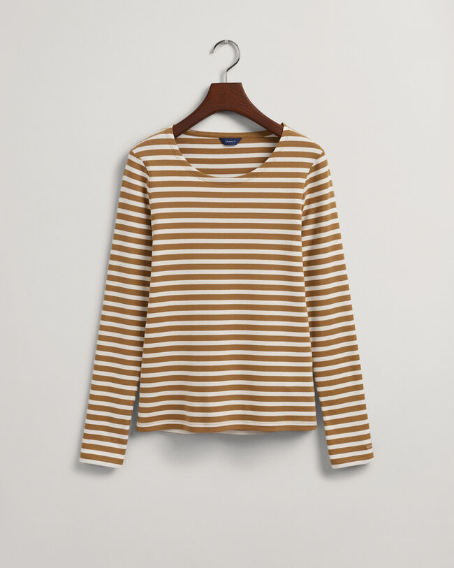 Stribet ribstrikket T-shirt med lange &aelig;rmer