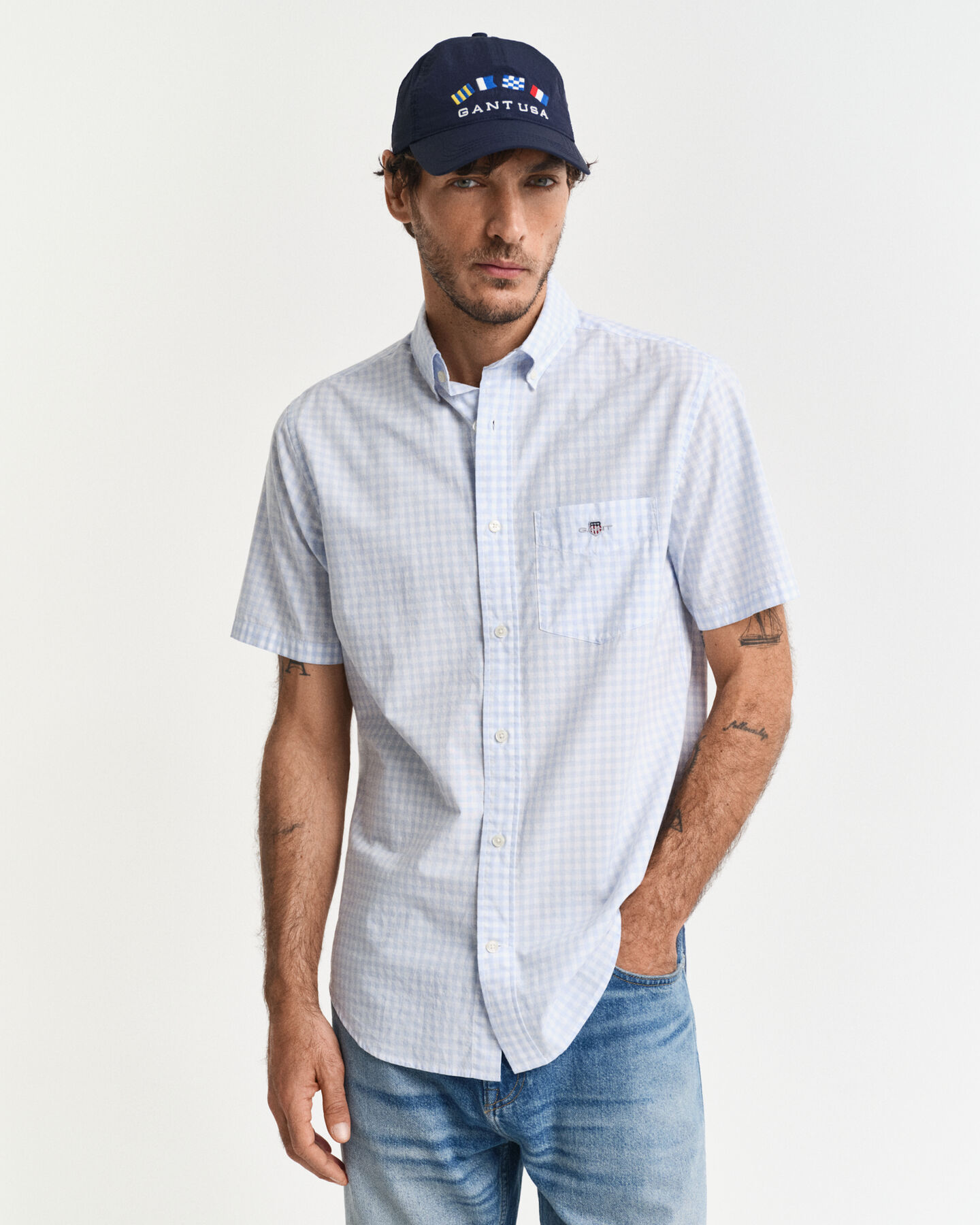 Regular fit klassisk gingham poplin-skjorte med korte ærmer