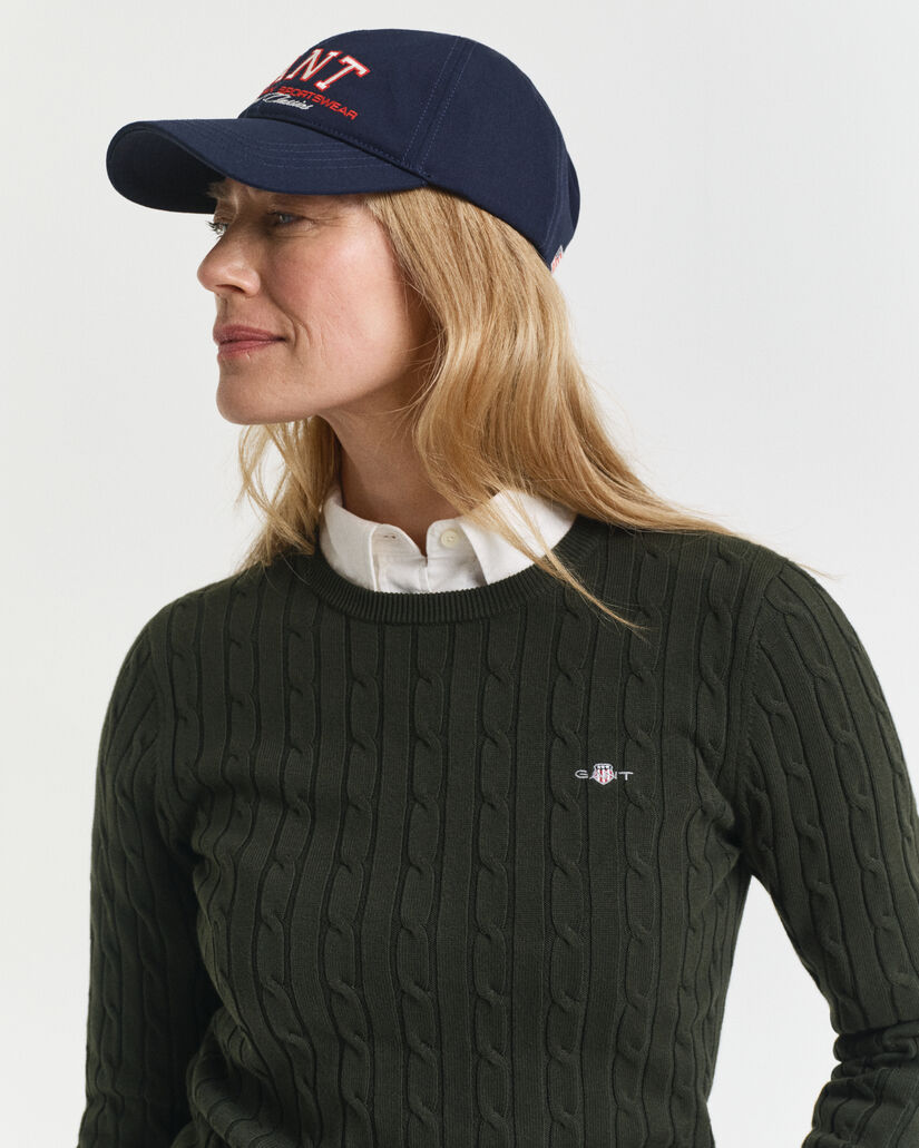 Crewneck sweater af strækbomuld med kabelstrik