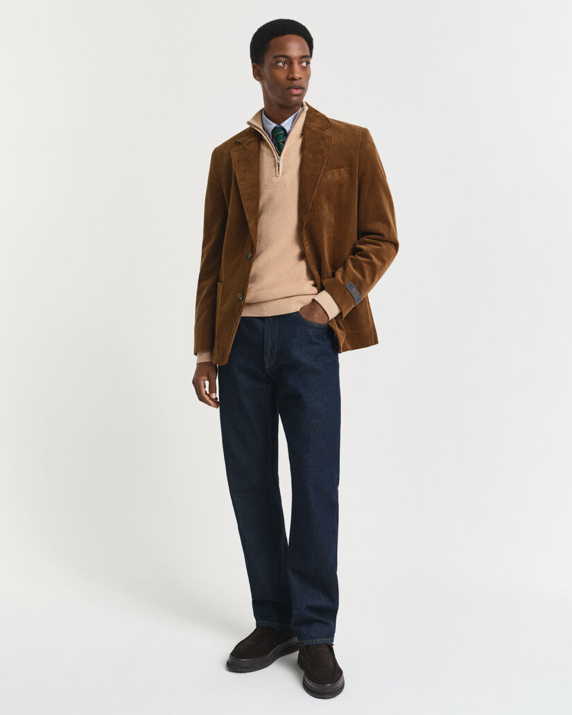 Ribstrikket sweater af bomuld og merinould med halv lynl&aring;s