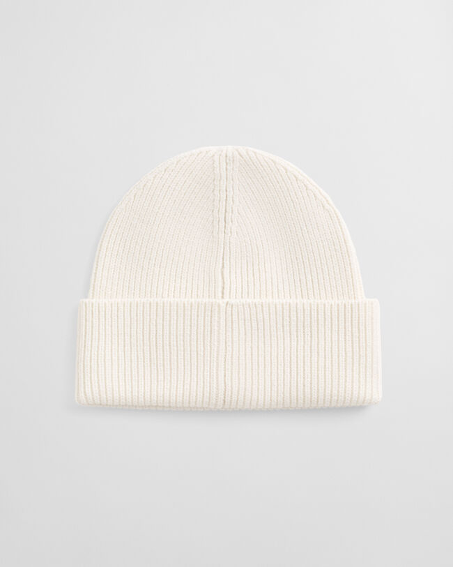 Ribstrikket beanie af uld