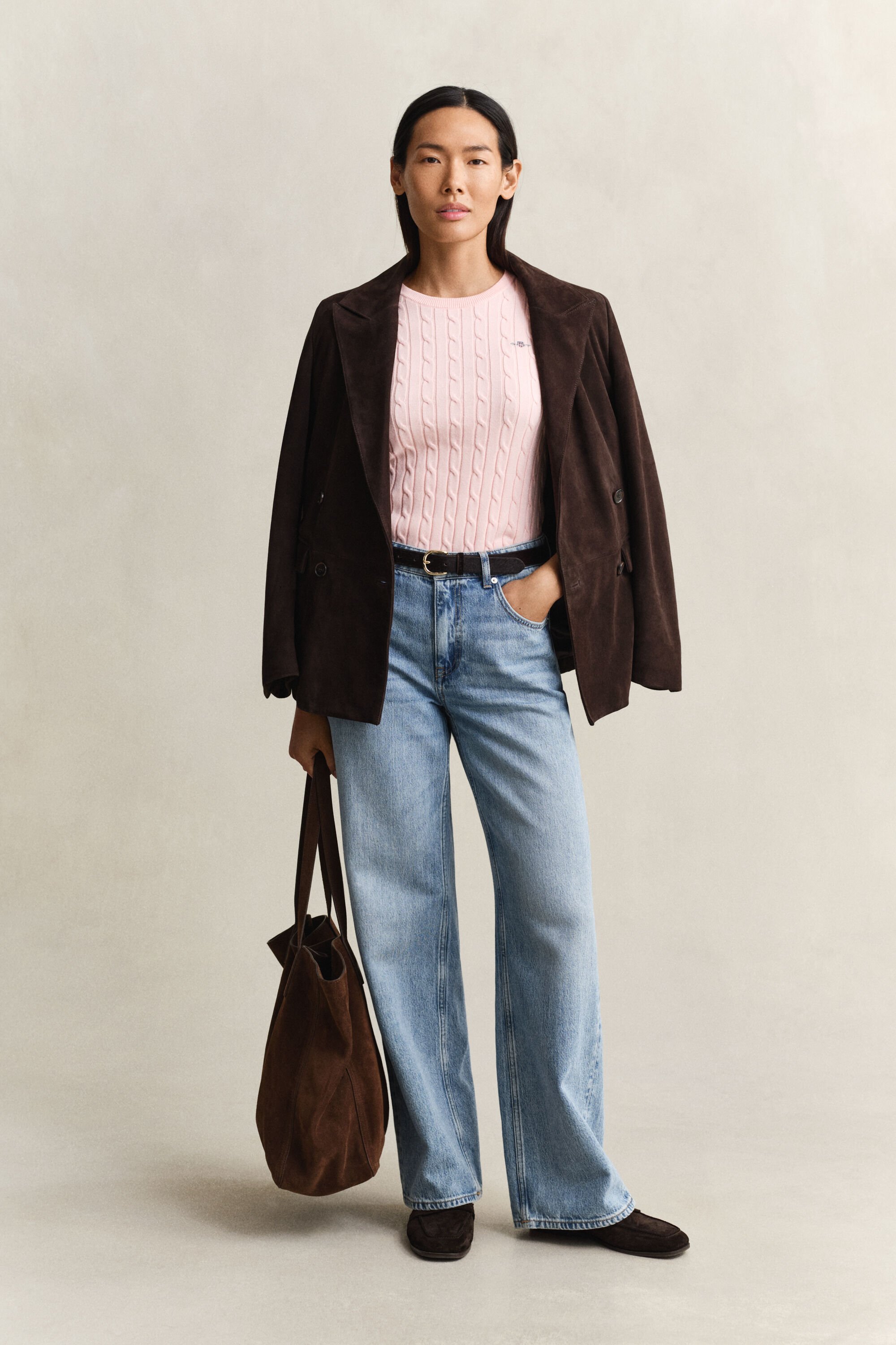 Kabelstrikket sweater med korte ærmer