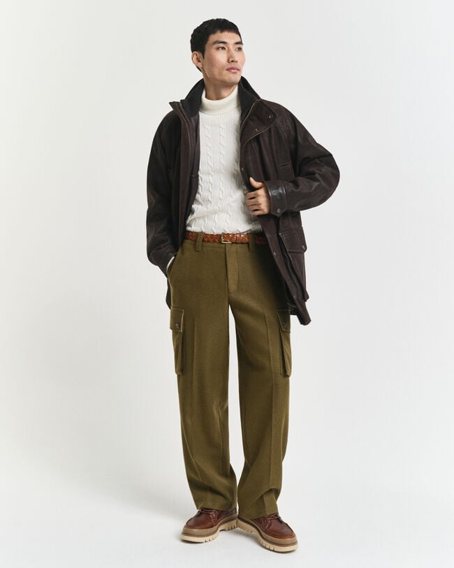 Kabelstrikket sweater af bomuld med rullekrave