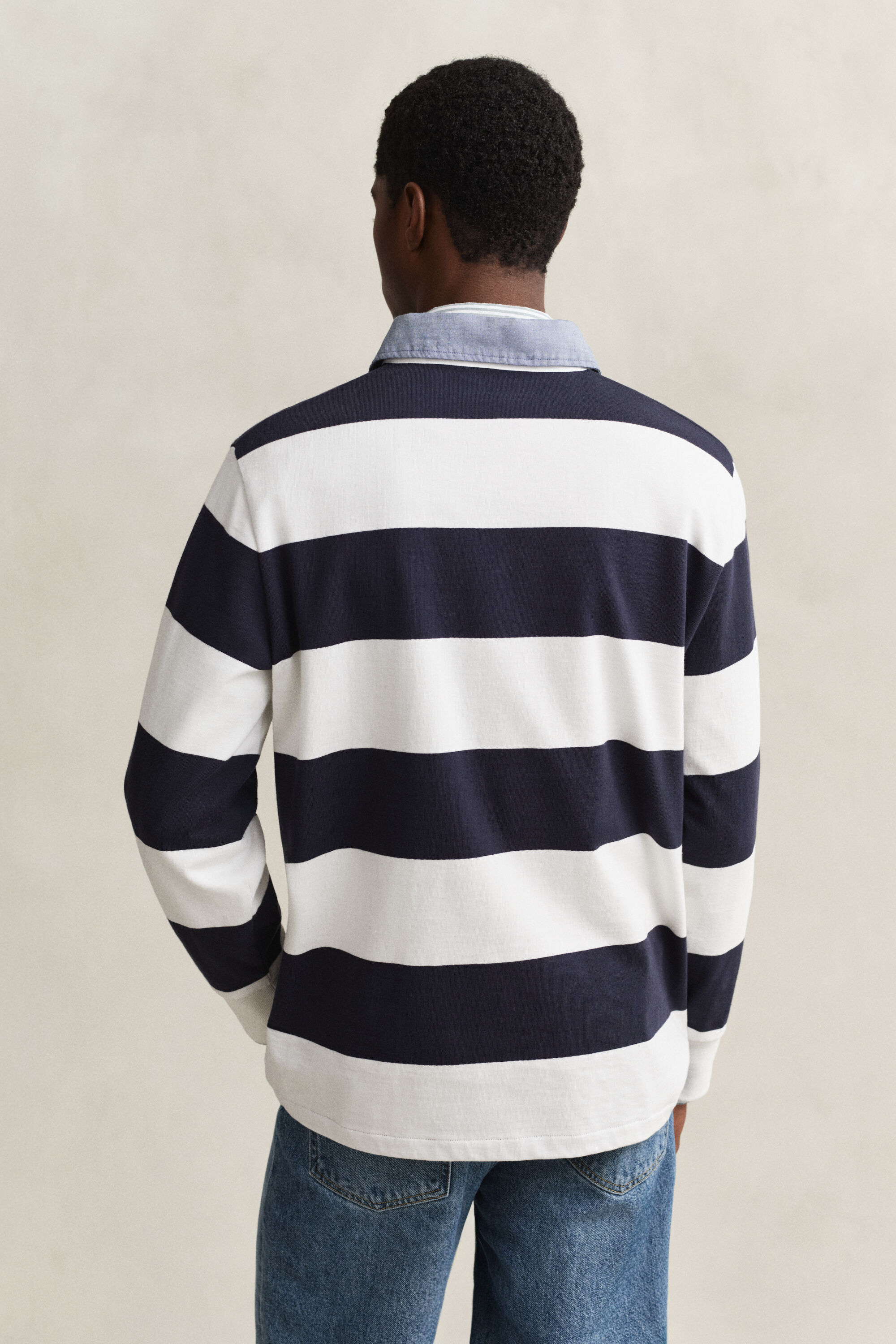 Stribet Heavy Rugger med krave i chambray