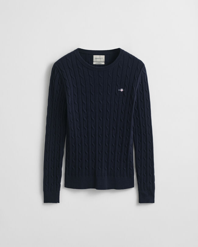 Crewneck sweater af strækbomuld med kabelstrik