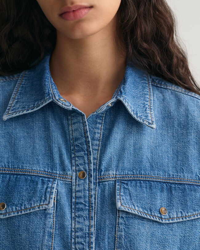 Denim skjortekjole med korte &aelig;rmer