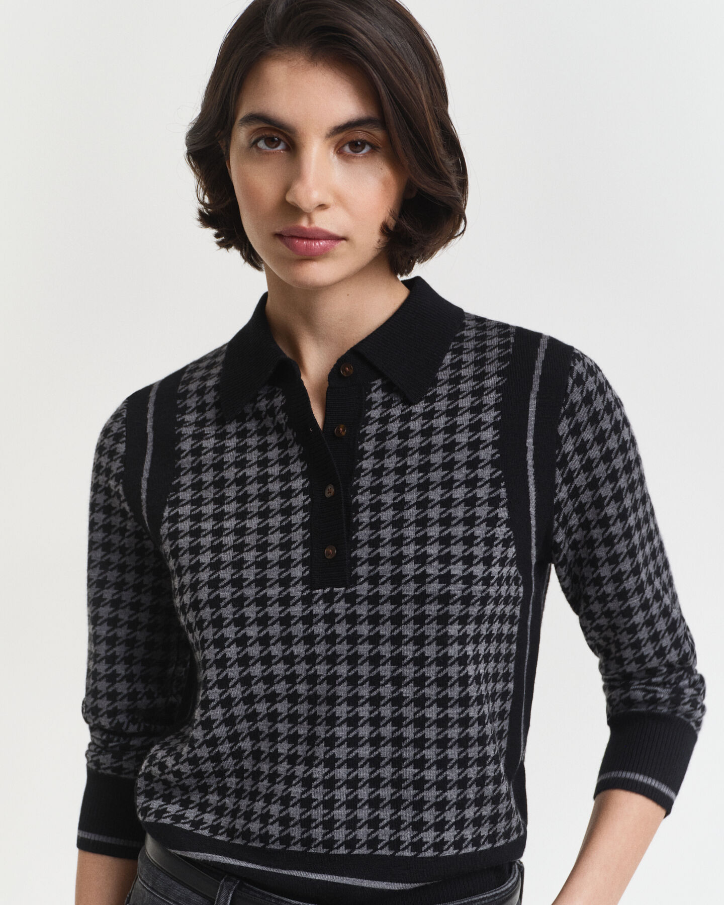 Polo sweater i houndstooth jacquard