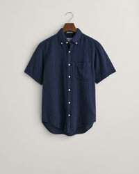 Regular fit Textured skjorte af bomuld og h&oslash;r med korte &aelig;rmer