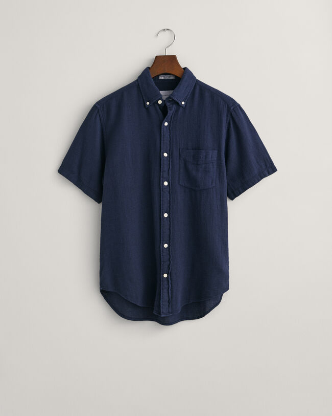 Regular fit Textured skjorte af bomuld og h&oslash;r med korte &aelig;rmer