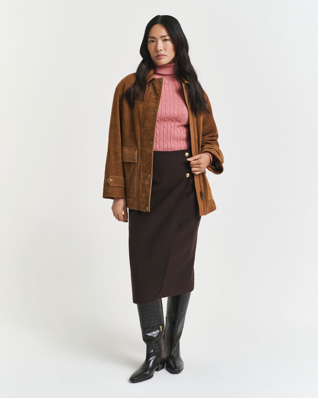 Kabelstrikket sweater af strækbomuld med rullekrave