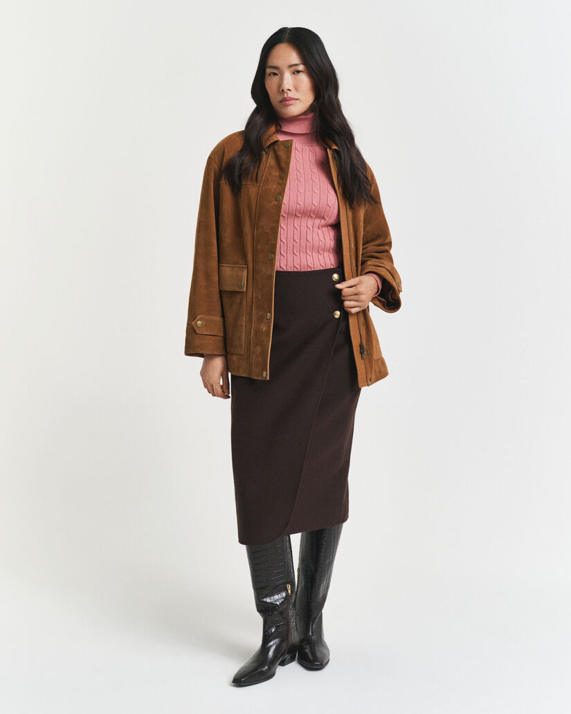 Kabelstrikket sweater af strækbomuld med rullekrave