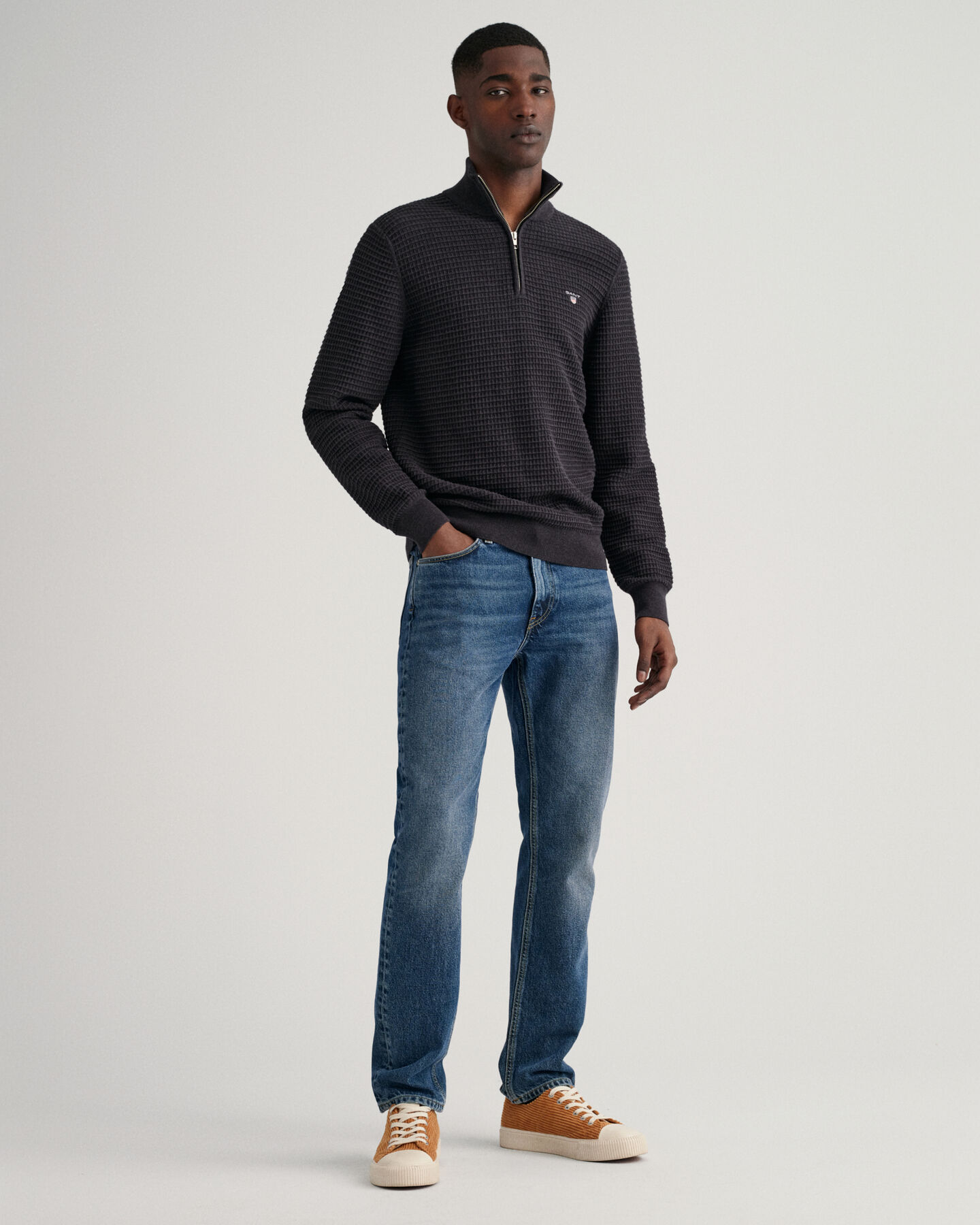 Texture bomuldssweater med halv lynl&aring;s