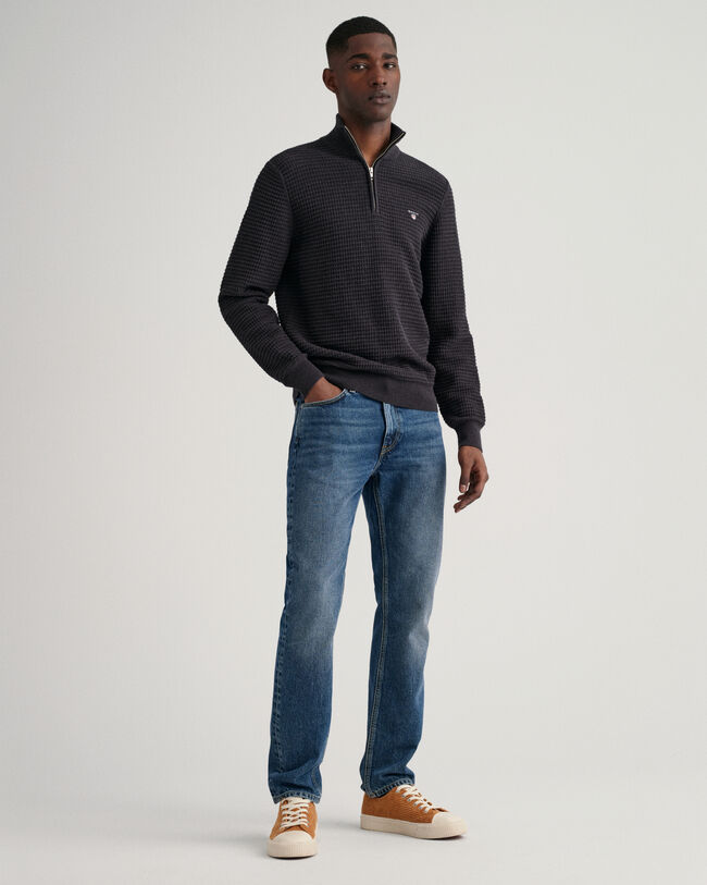 Texture bomuldssweater med halv lynl&aring;s