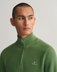 Bomuldspiqu&eacute; sweater med halv lynl&aring;s