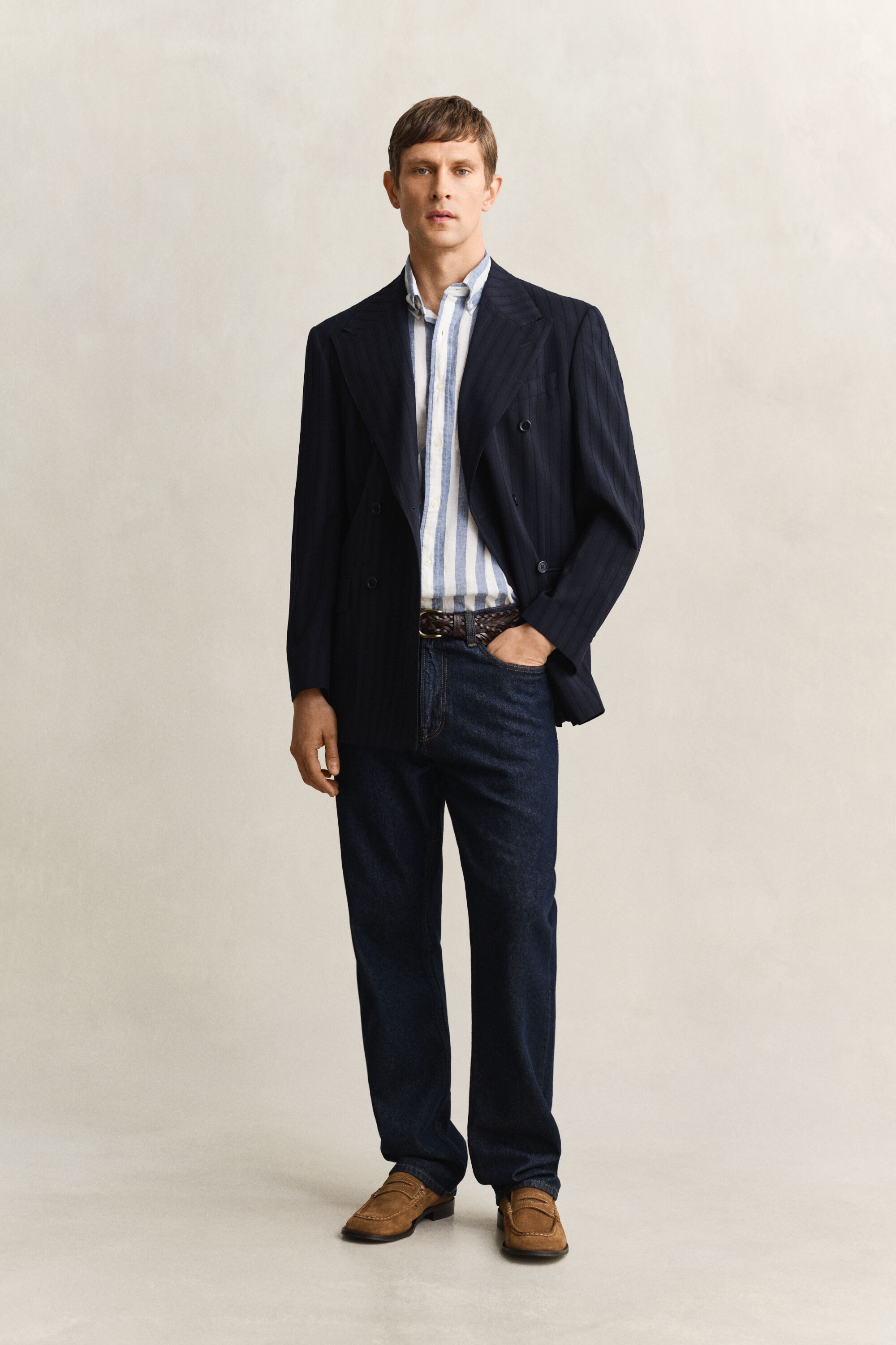 Stribet kortærmet skjorte af hørblanding