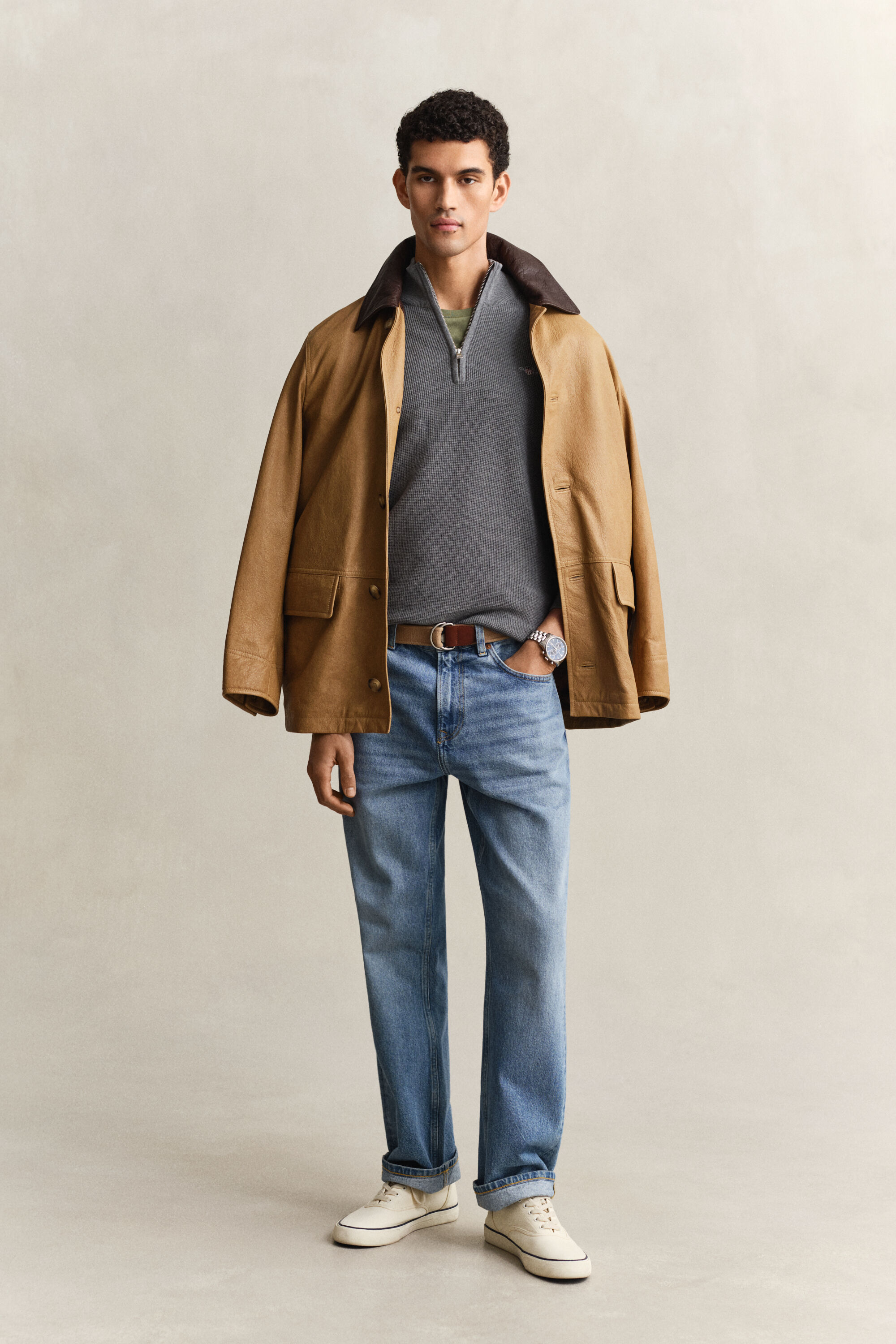 Tekstureret sweater af bomuld med halv lynlås