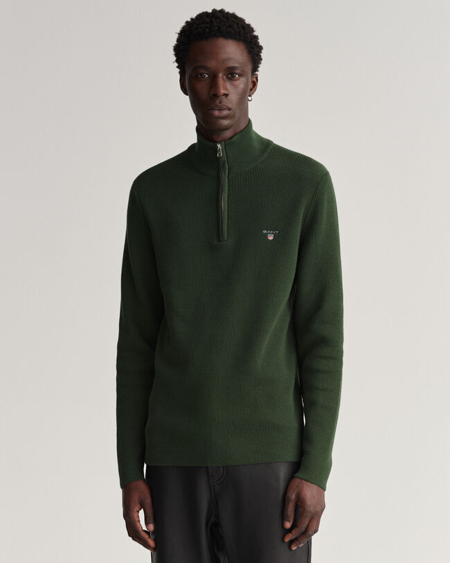 Ribstrikket Texture sweater med halv lynl&aring;s