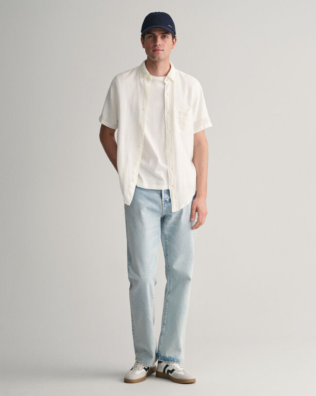 Regular fit Textured skjorte af bomuld og h&oslash;r med korte &aelig;rmer