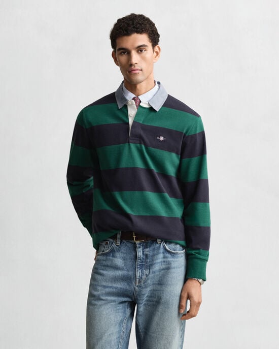 Stribet Heavy Rugger med krave i chambray