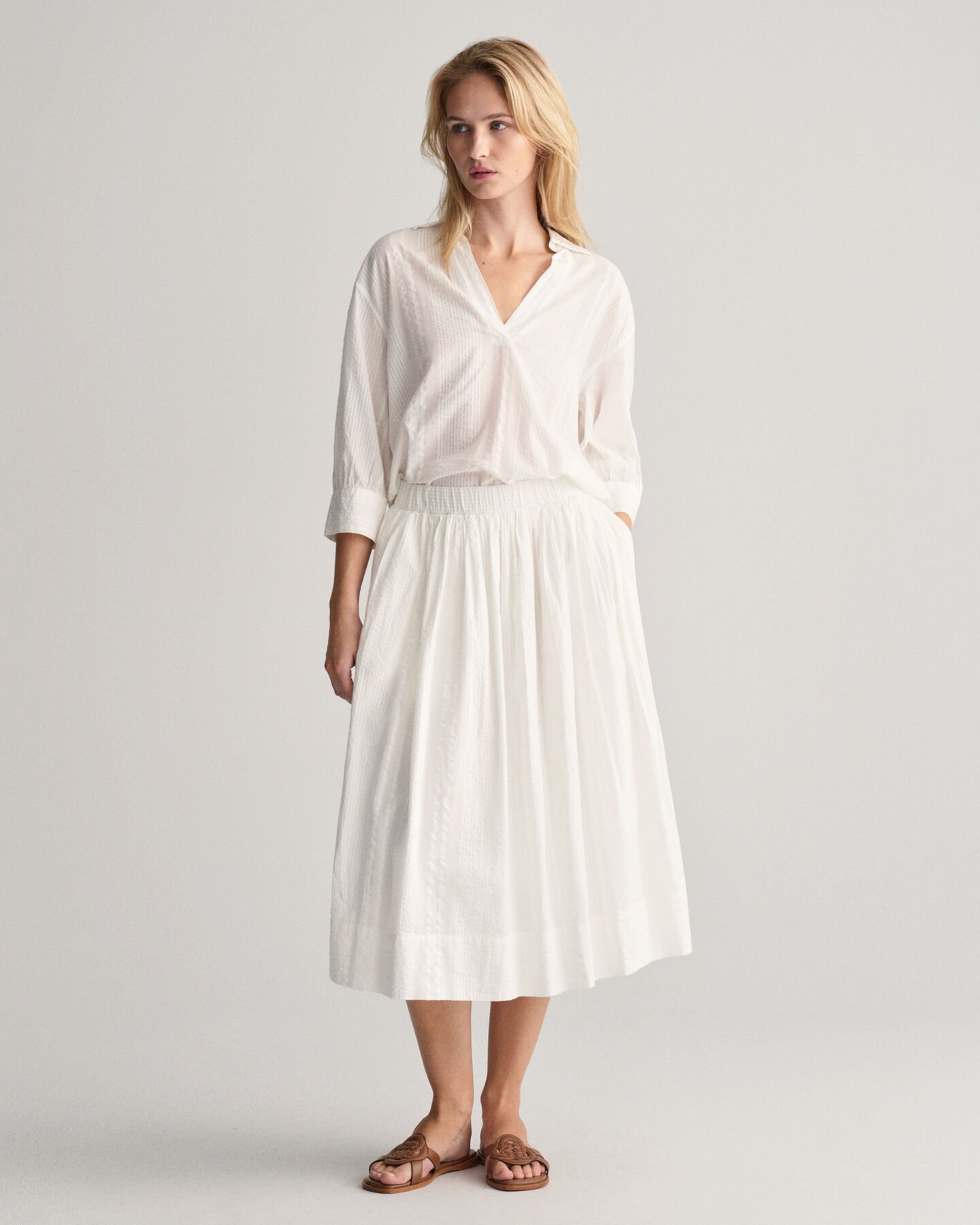 Seersucker-stribet pull-on nederdel