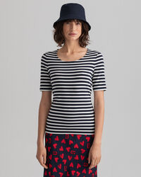 Stribet ribstrikket T-shirt med lange-korte &aelig;rmer