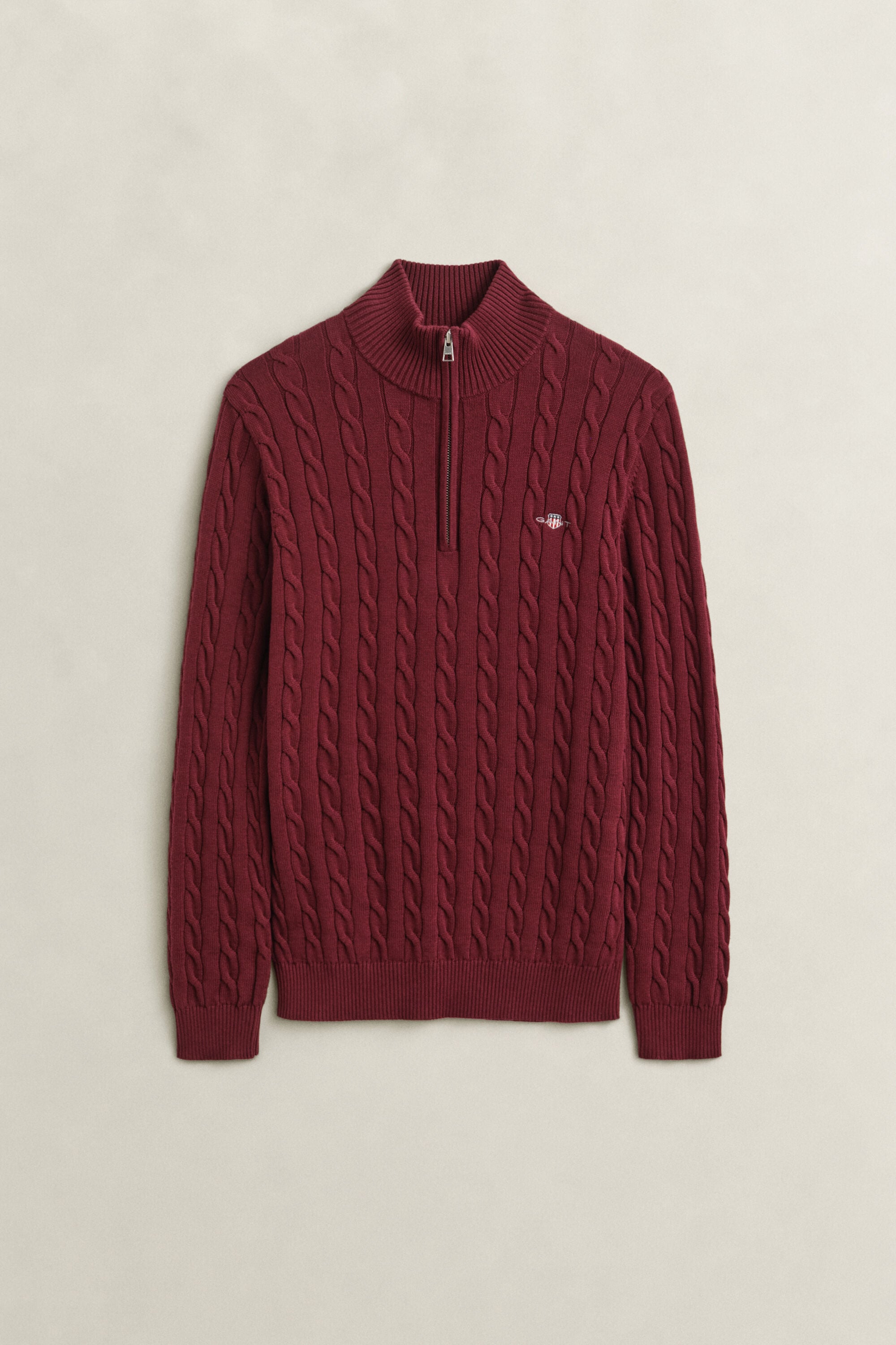 Kabelstrikket sweater af bomuld med halv lynlås